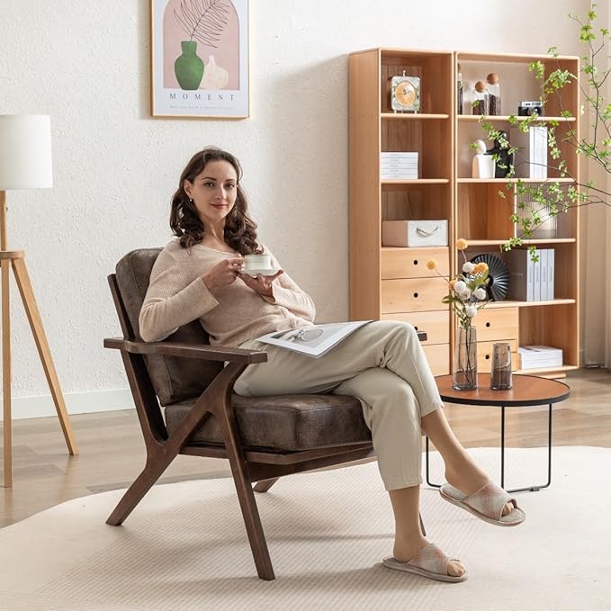 Bonzy Home Faux Leather Accent Chair for Living Room,Upholstered Armchair with Cushions and Solid Wood Frame, Mid-Century Modern Lounge Chair for Bedroom or Office, Retro Brown