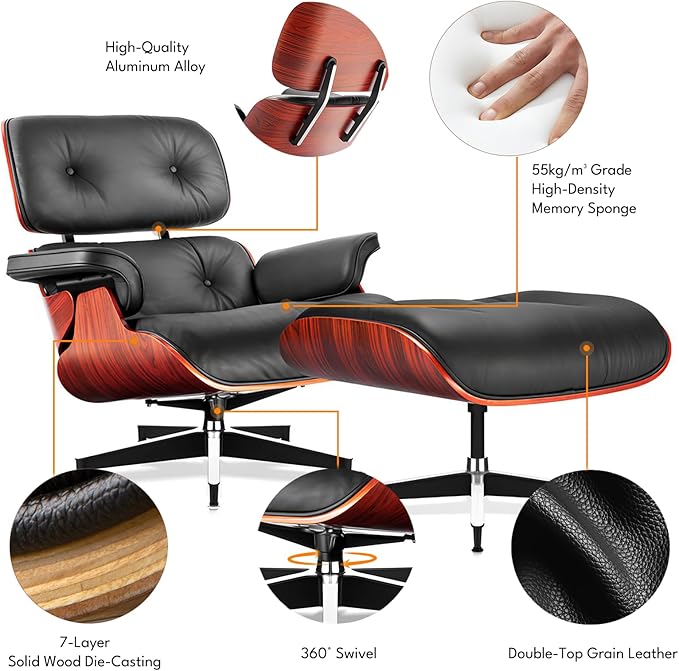 Top Black Grain Leather, Mid Century Chaise Lounge Chair and Ottoman, Modern Chair Classic Design, Heavy Duty Base Support for Living Room Study Lounge Office, Darkrosewood