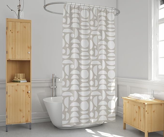 Linen Beige & White Abstract Shower Curtain – Boho Pattern – Modern Minimalist Scandi Style – Neutral Fabric Bathroom Decor – 72x72 Inches (Linen Half Circle)