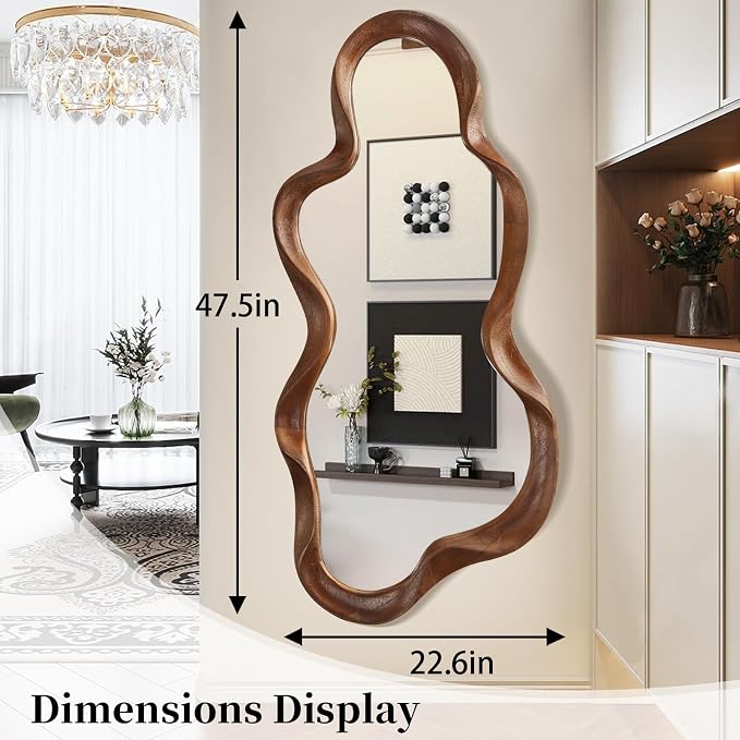 Large Asymmetrical Mirror Irregular Wood Frame Modern Unique Wall Mounted Artistic Wavy Mirrors Decor Bathroom Vanity Bedroom Living Room Entryway Hallway 47"x22"