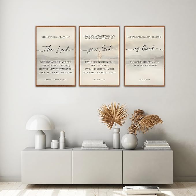 HLNIUC Scriptures Framed Wall Art,Inspiring Christian Scripture Wall Art Set of 3(16”x24”)The Lord Your God Is Good Bible Verse Wall Decor,Modern Religious Quotes Canvas Art Print for Home Living Room