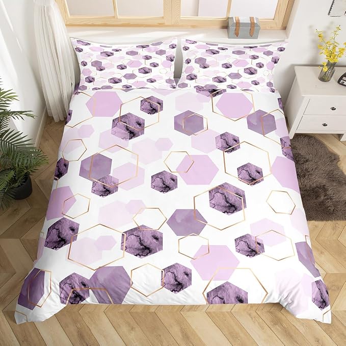 Erosebridal Lavender Purple Modern Duvet Cover King - Marble Grain Geometric Bedding, Fresh Abstract Geometric Art Bed Set for Boys Girls Watercolor Hexagon Bed Cover with 2 Pillowcases