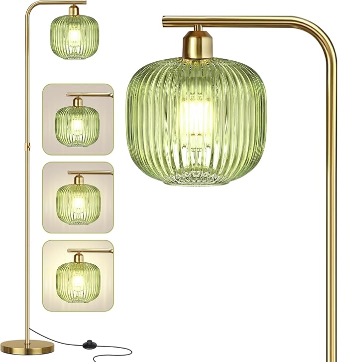 Dimmable Gold Floor Lamp, Mid Century Modern Floor Lamp with Foot Switch, 67" Tall Lamp Green Ribbed Glass Retro Brass Standing Lamps for Living Room Bedroom Office Study Room