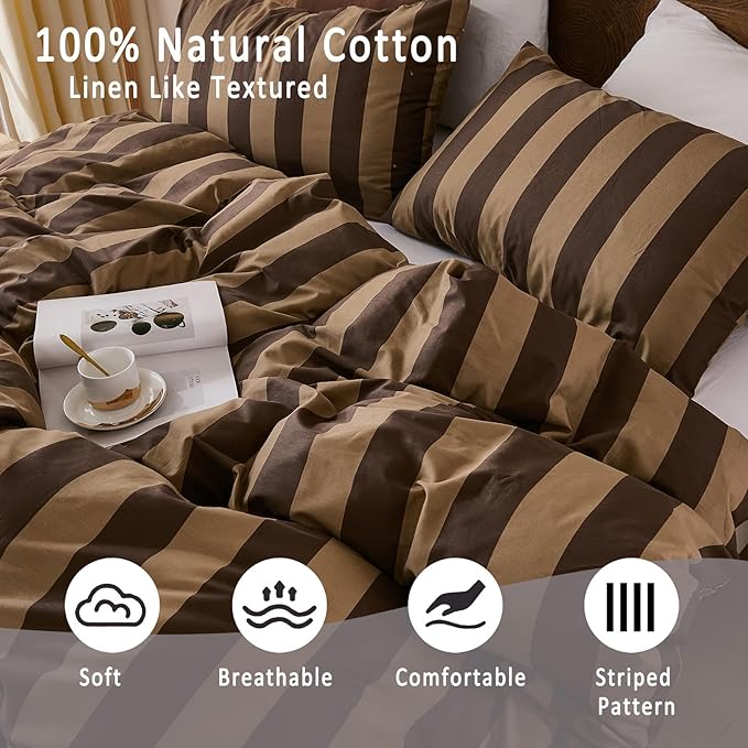 Merryword Brown Striped Duvet Cover Set King Size, 100% Natural Cotton Linen Like Duvet Cover Set with Zipper Closure & 8 Corner Ties, Brown Khaki Soft Reversible Bedding for All Seasons