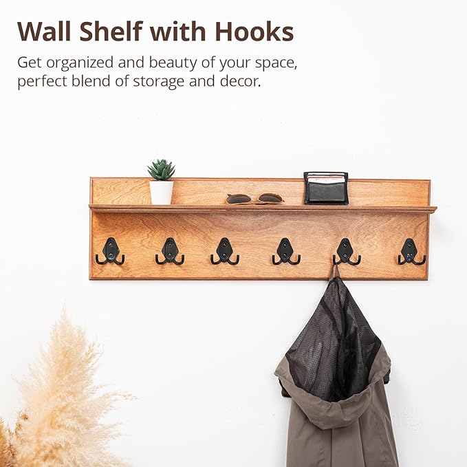 Rustic Wall Mounted Coat Rack with Shelf Wooden Entryway Organizer with 5 Metal Hooks for Coats Hats Towels Keys Floating Storage Shelf for Bathroom Bedroom (Oak, 40 inch (7 Hooks))