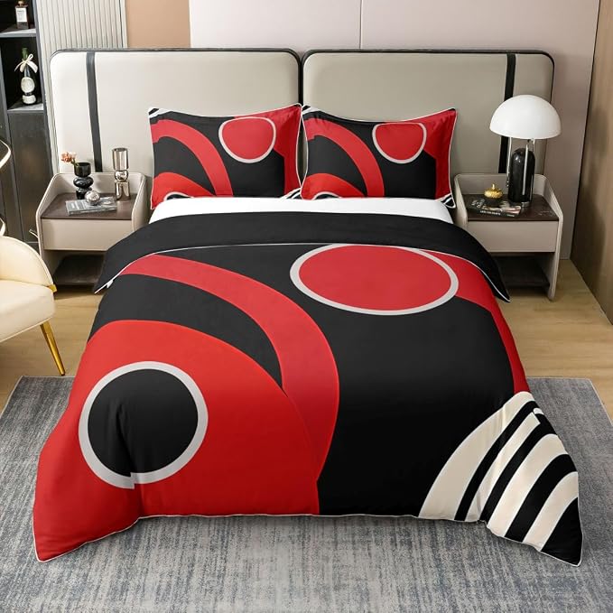Erosebridal Red Black 100% Cotton Duvet Cover King Geometric Striped Bedding Set for Kids Teens Adults Circle Modern Design Comforter Cover Abstract Artistic Bed Set 3 Pcs