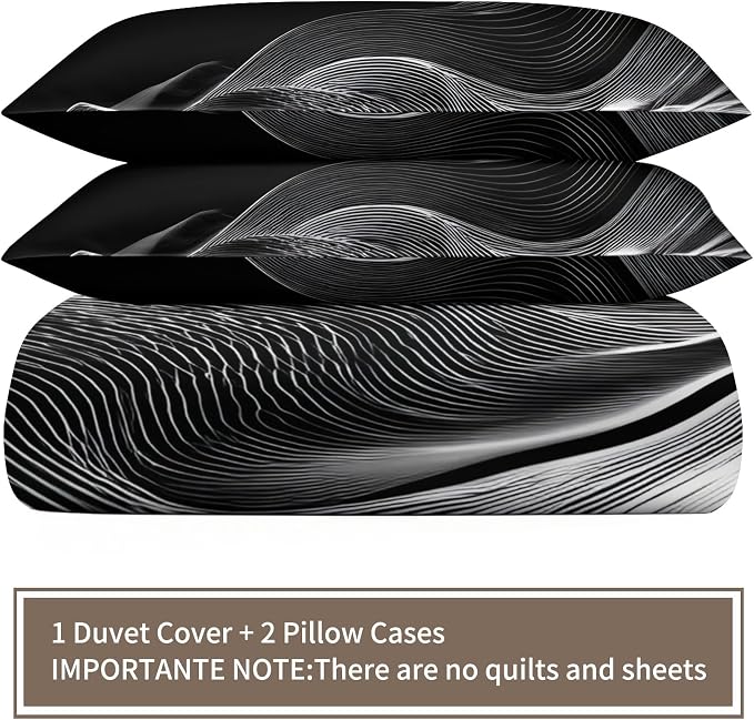 Black White Duvet Cover King Size, Psychedelic White Wavy Stripes Bedding Set 3 Piece, Modern Abstract Geometric Line Patterned Comforter Cover with Zipper Soft Microfiber, 2 Pillowcases
