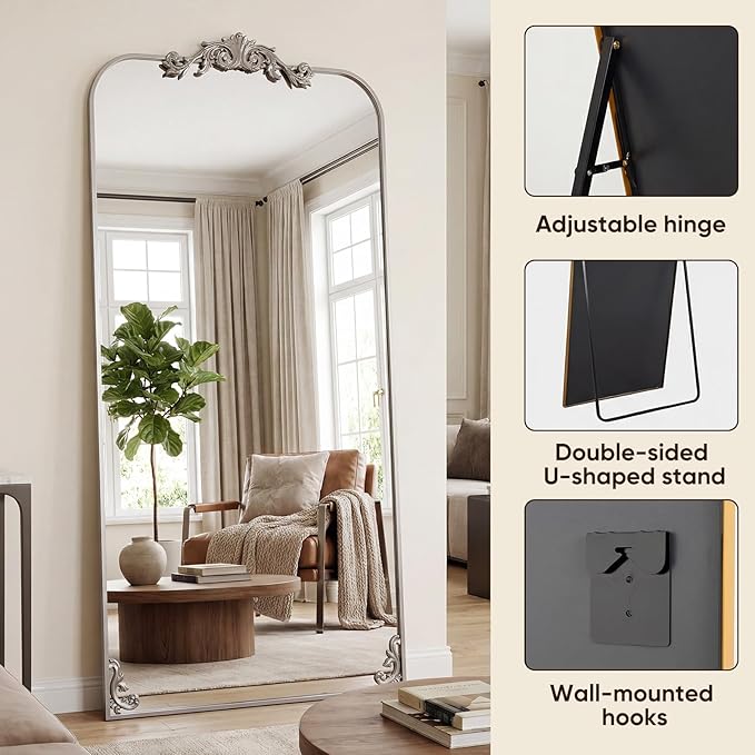 Antok Arched Full Length Mirror, 32"x71" Floor Mirror with Carved, Full Body Mirrors for HomeDecor, Large Wall Mirror with Corner Flower for Bedroom, Living Room, Silver, Luxury Style