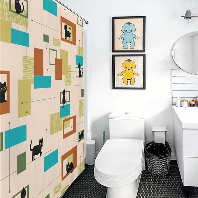 Mid Century Black Cat Shower Curtain,Vintage Abstract 60s Geometric Pattern Modern Decor Bathroom Curtain Polyester Waterproof Fabric 72x72in（183x183cm）