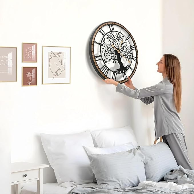 Micasso Farmhouse Large Wall Clock: 24Inch Rustic Tree of Life Metal with Wood Frame - Vintage Battery Operated Wall Clocks for Living Room/Office/Bedroom - Home Decor for Fashion-Conscious