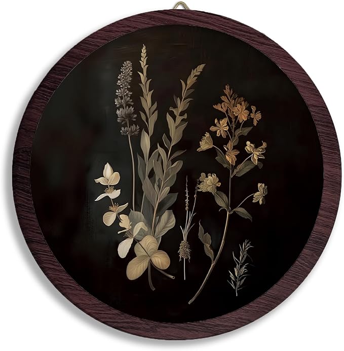 TFKFJLF Moody Vintage Botanical Framed Wall Art Decor, Antique Mid Century Modern Floral Round Wooden Prints Wall Art, Flower Hanging Decor for Bedroom Living Room Bathroom, 10x10 inch
