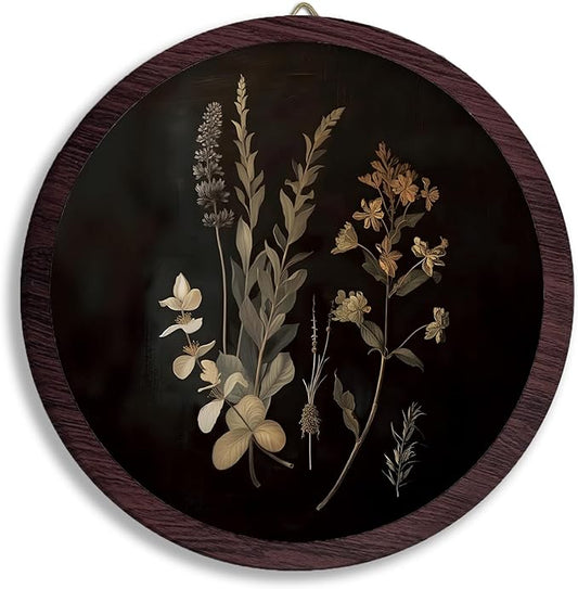 TFKFJLF Moody Vintage Botanical Framed Wall Art Decor, Antique Mid Century Modern Floral Round Wooden Prints Wall Art, Flower Hanging Decor for Bedroom Living Room Bathroom, 10x10 inch