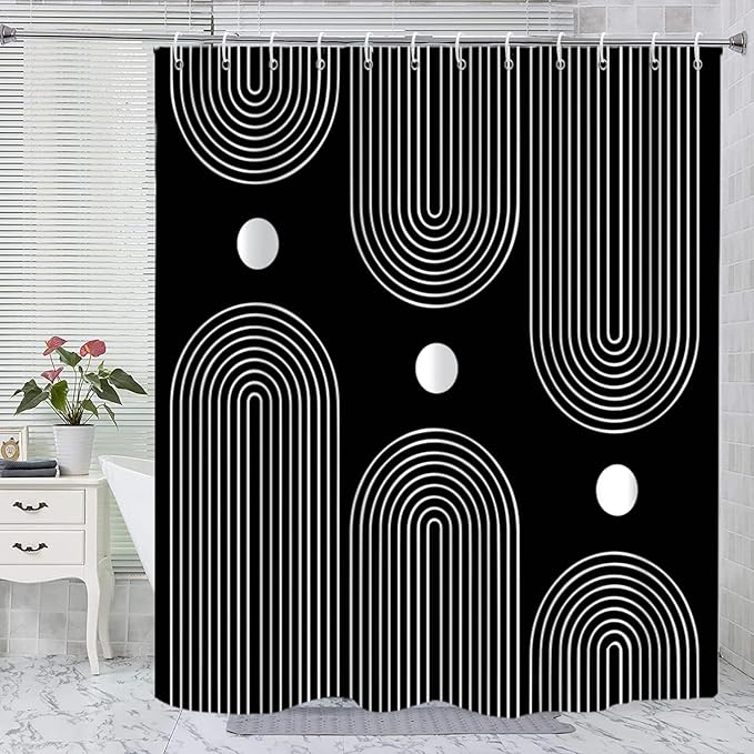 Black and White Shower Curtain, Boho Minimalist Mid Century Modern Arch Geometric Machine Washable Waterproof Fabric for Bathroom Bathtub Decor with Hooks 60Wx72H