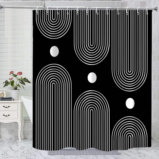 Black and White Shower Curtain, Boho Minimalist Mid Century Modern Arch Geometric Machine Washable Waterproof Fabric for Bathroom Bathtub Decor with Hooks 72x72