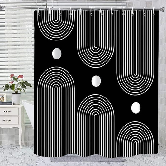 Black and White Shower Curtain, Boho Minimalist Mid Century Modern Arch Geometric Machine Washable Waterproof Fabric for Bathroom Bathtub Decor with Hooks 72x72