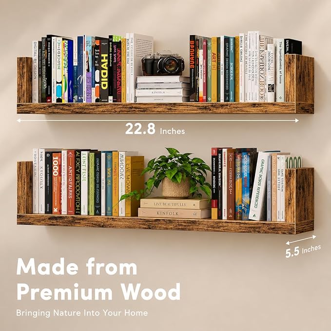 Wall Bookshelf, Set of 3, U Shaped Floating Bookshelf, Hanging Bookshelves for Wall, Wall Mounted Shelves for Living Room Bedroom Office (Rustic Brown, 23.6 Inches, 3)