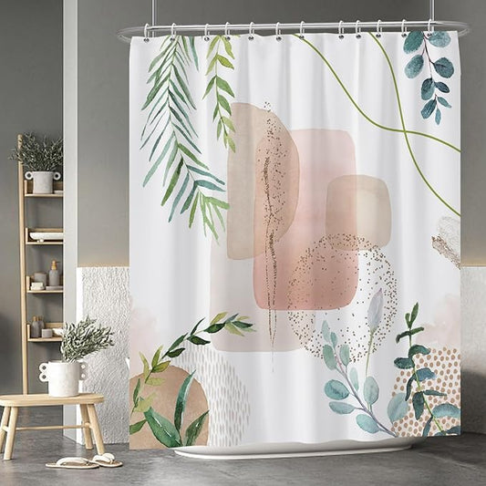Baocicoo Minimalist Leaves Shower Curtain Modern Abstract Geometric Botanical Shower Curtain for Bathroom Family Camping Hostel Bath Accessories Polyester Shower Curtains with Hooks 72x84 Inches