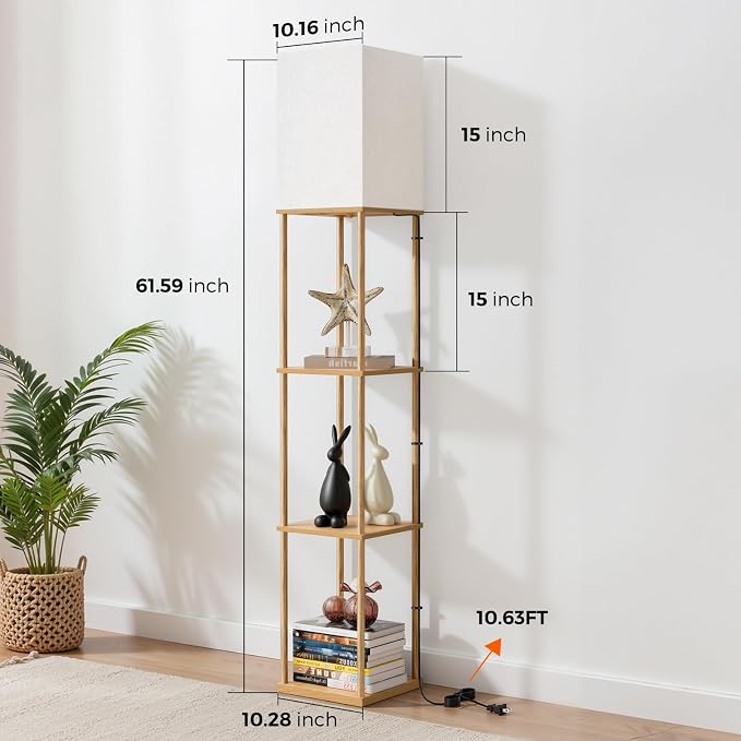 FOLKSMATE Floor Lamp with Shelves, 3-Tier Modern Square Bookshelf Floor Lamp, 3 Color Temperature Bulb Included, Floor Lamps for Living Room Bedroom Corner - Wood