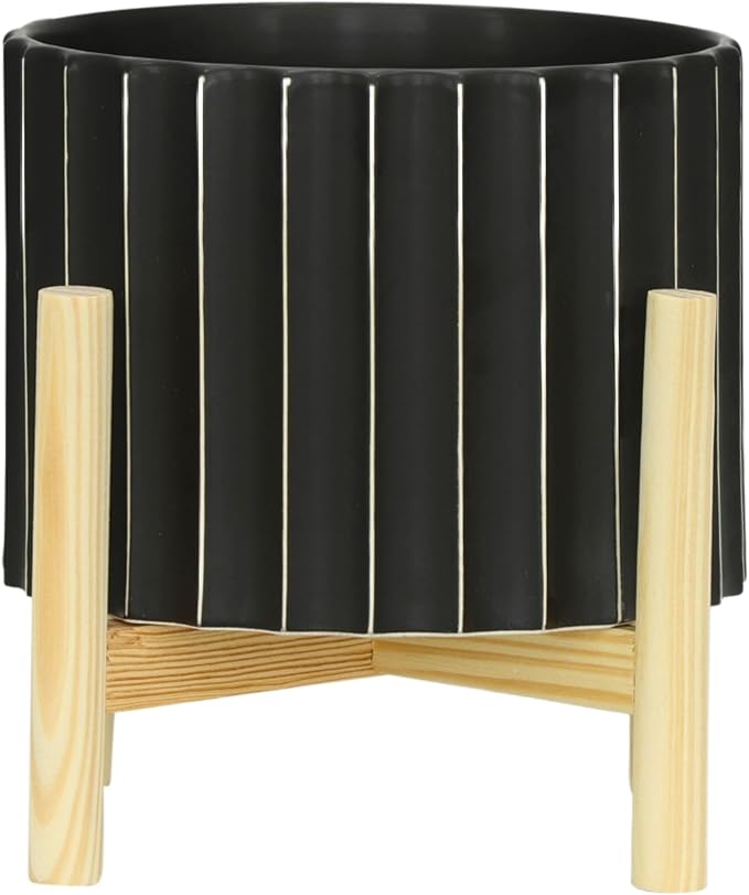 Ceramic Planter with Pine Wood Stand – Plant Pot – Durable Stoneware Planter for Indoor Outdoor Use – Modern Minimalist Plant Holder for Home Decor, Living Room, Garden, Balcony – 9", Black Fluted