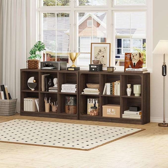 FATORRI 6 Cube Storage Bookcase, Rustic Wood Horizontal Bookshelf with Rounded Corners, Low Cube Organizer Shelf for Living Room, Bedroom, Office (Dark Walnut, 43 Inch)