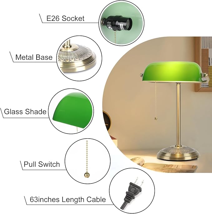 Bankers Lamp, Green Desk Lamp with Brass Finish, Classic Table Lamp with Pull Switch for Home, Office, Study (Green)