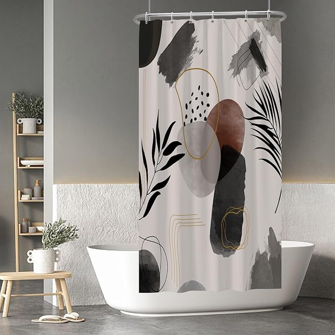Baocicco Boho Shower Curtain Black Grey Plants Leaves Mid Century Modern Abstract Shower Curtains Decorative for Bathroom Waterproof Fabric Shower Curtain with Hooks 36x72 Inches