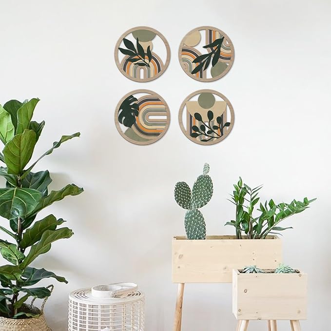 TOARTi 4Pieces Boho Botanical Wooden Wall Art Abstract Bohemian Hanging Sign Farmhouse Geometric Neutral Round Wall Decor Mid Century Minimalist Aesthetic Plant Artwork for Bedroom Living Room Office Decor