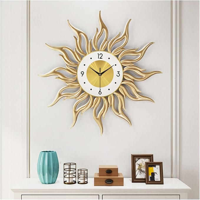 Large Sunburst Wall Clocks for Living Room Fashion Metal 3D Art Flame Design Silent Non Ticking Quartz Clock Creativity Wall Watches Gold 60CM