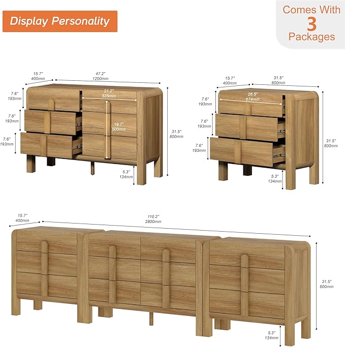 WAMPAT 110.2” W Large Sideboard Buffet Cabinet with Storage,Modern French Kitchen Buffet Cabinet with 12 Drawers,Wood Buffet Table Coffee Wine Bar Console Table for Kitchen,Dining Room,Light Walnut