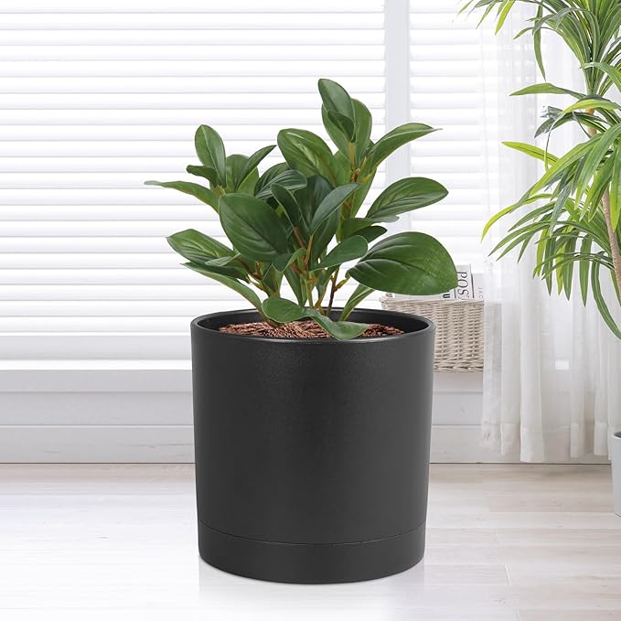 Meowell 7/6.5/6/5/4 inch Plant Pots for Small Indoor Outdoor Plants, 5 Pack Cylinder Flower Pots with Drainage Holes and Saucers, Plastic Planters for Garden Succulent House Plants, Black
