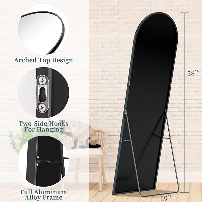 Full Length Mirror with Stand, 58"x19" Arched Full Body Mirror, Large Stand Up Aluminum Frame Floor Freestanding Hanging Leaning Mounted for Bedroom Living Room Entryway Black