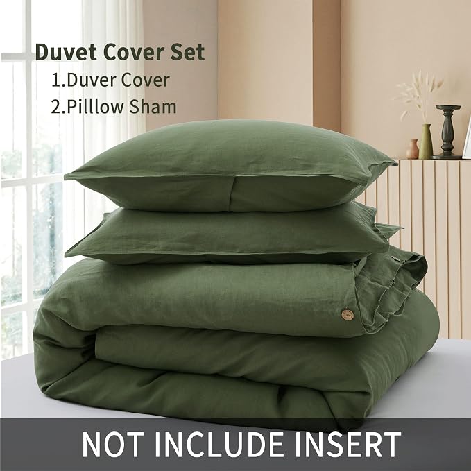 ATLINIA 100% Flax Linen Duvet Cover Set - Stone Washed Pure French Linen Organic Fabric for Farmhouse Comforter Boho Bedding Included 1 Duvet Cover 2 Pillow Shams(Green, Queen)