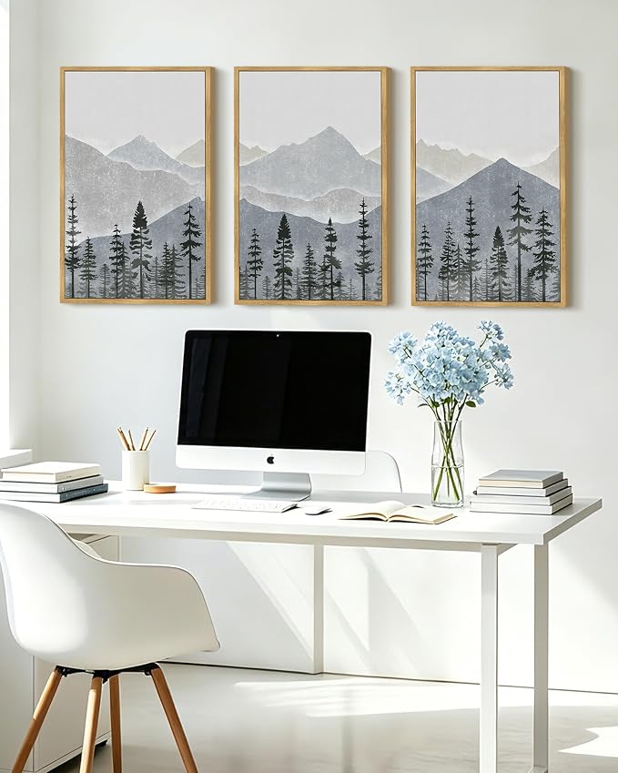 KUVIOKE Mountain Landscape Framed Wall Art Watercolor Nature Forest Painting Boho Farmhouse Rustic Room Decor for Bedroom Dining Room 16x24in (Natural Framed)