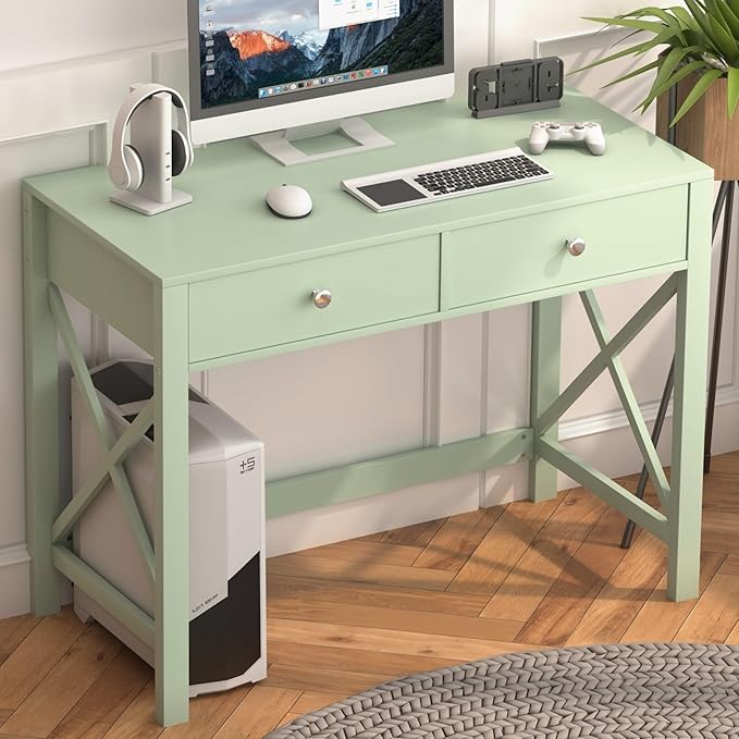 WiberWi Home Office Desk with Drawers, Modern Writing Computer Desk for Bedroom, Small Makeup Vanity Table Study Table for Home Office,Green