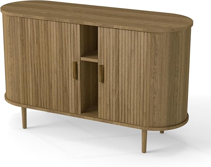 Fluted Sideboard Buffet Cabinet with Storage, 47" Mid-Century Modern Console Table with Sliding Doors, Wood Credenza for Dining Room, Coffee Bar Station, Brown