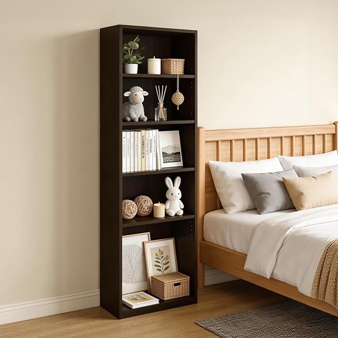 CTESNE【2026 Adjustable Shelves 5-Tier Bookcase, 71 inches, Wooden Open Display Floor Bookshelf (Chocolate Color)