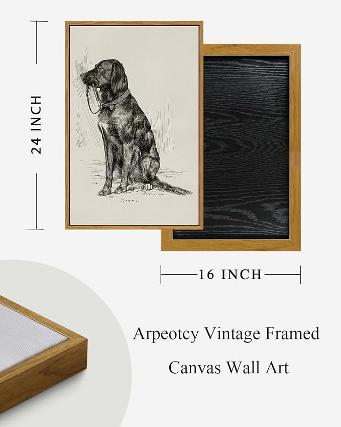 ARPEOTCY Vintage Framed Canvas Wall Art, Dog Art Print for Home Decor Aesthetic, Rustic Vintage Animal Large Wall art for Living Room, Bedroom, Office, 16x24 Inch