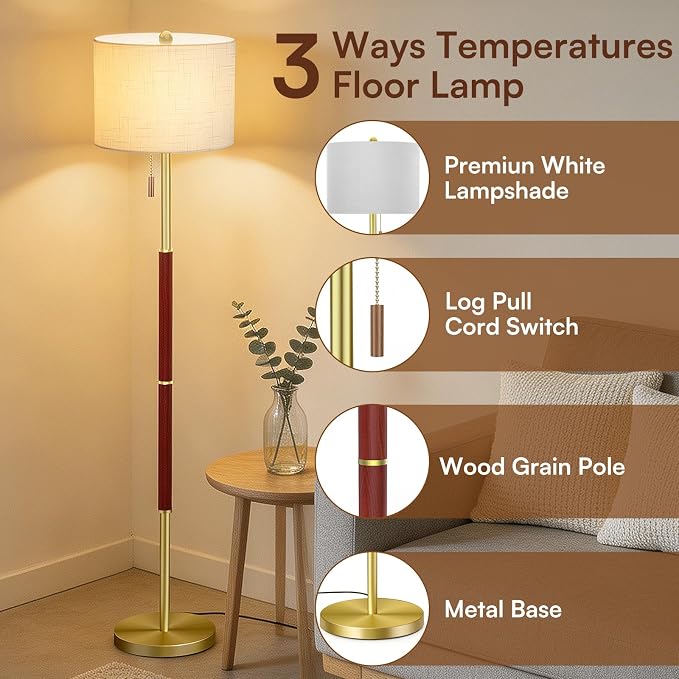 62" Mid Century Modern Floor Lamp,Burgundy Standing Lamp with 3-Color Temperature and Pull Chain, Weighted Anti-Tip Base for Safety, Floor Lamps for Living Room Bedroom Corner (6500K Bulb Included)