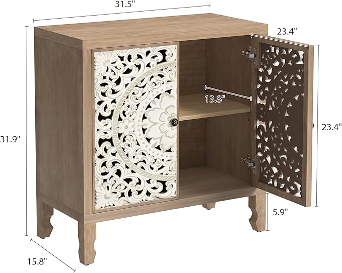Buffet Cabinet with Storage, Accent Cabinet with 2 Carved Doors, Solid Wood Sideboard with Adjustable Shelf, Vintage Cabinets for Kitchen, Living Room, Entryway, White