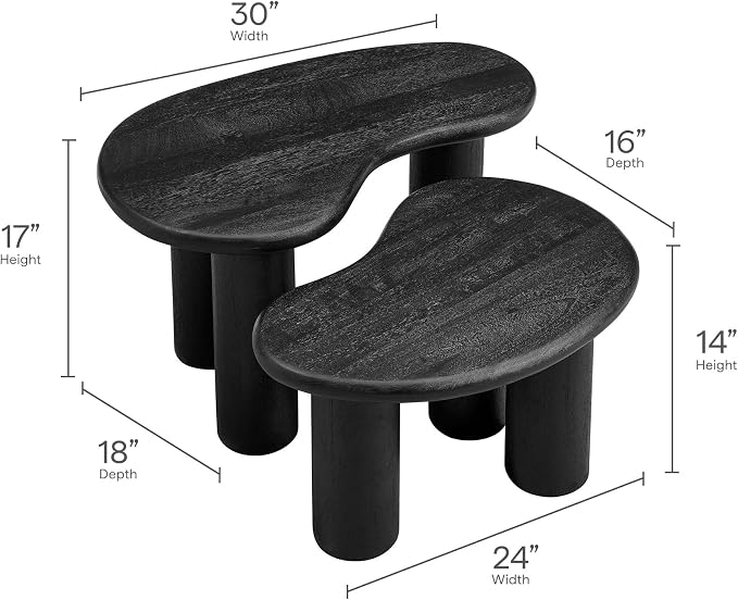 Modway Hackney Mango Wood Nesting Coffee Table Set in Black - 2 Piece Kidney-Shaped Wood Coffee Table for Living Room