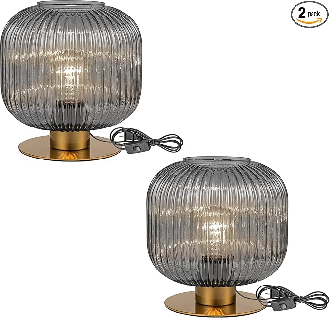 Gray Table Lamps for Bedroom Set of 2, Mid Century Gold Table Lamp with Smoke Glass Shade, Ribbed Desk Lamp Decorative Side Table Lamps for Living Room Office Corner Shelf