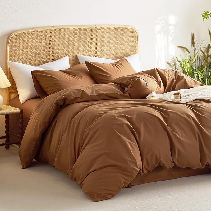 Wake In Cloud - Cotton Duvet Cover Set, 100% Washed Cotton, Linen Like Textured, Breathable Durable Comfy Farmhouse Neutral Bedding Set, 3 Pieces, Terracotta, King Size