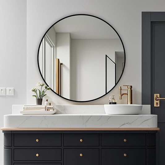 Round Mirror, Wall Mounted Circle Mirror with Brushed Metal Frame, Circular Mirrors for for Bathroom, Living Room, Vanity, Bedroom, Entryway, 36inch, Black