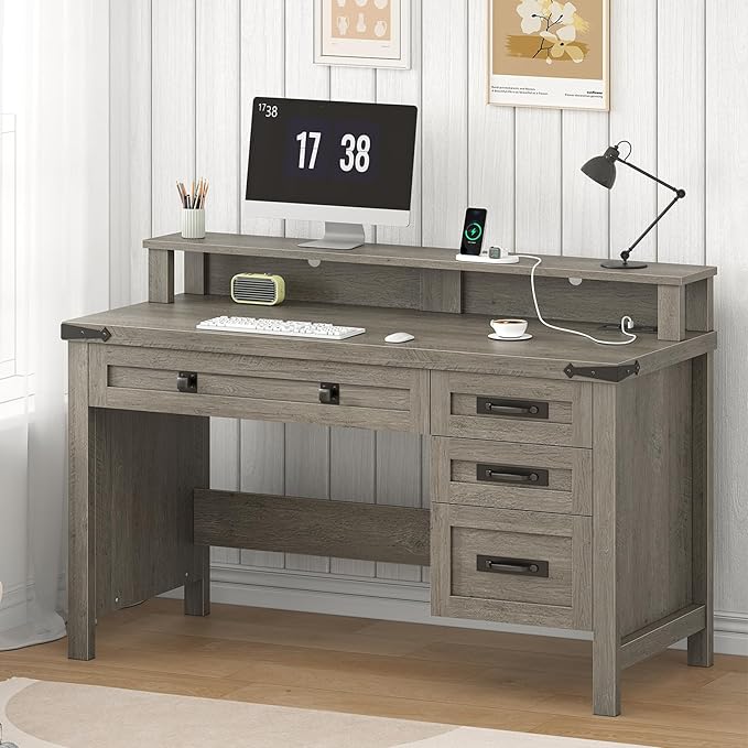 YOMILUVE Farmhouse Computer Desk with Drawers, 47" Small Computer Desk with Power Outlets, Home Office Desk with Monitor Stand & 4 Drawers, Writing Study Table, Grey