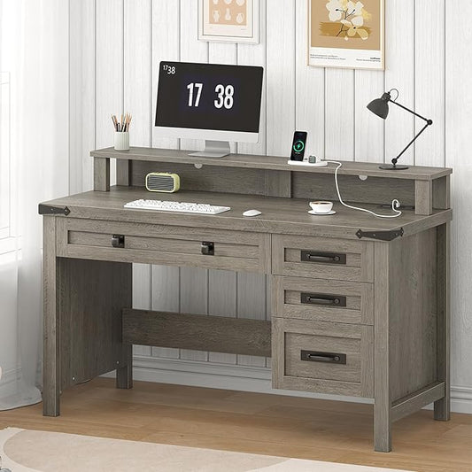 YOMILUVE Farmhouse Computer Desk with Drawers, 47" Small Computer Desk with Power Outlets, Home Office Desk with Monitor Stand & 4 Drawers, Writing Study Table, Grey