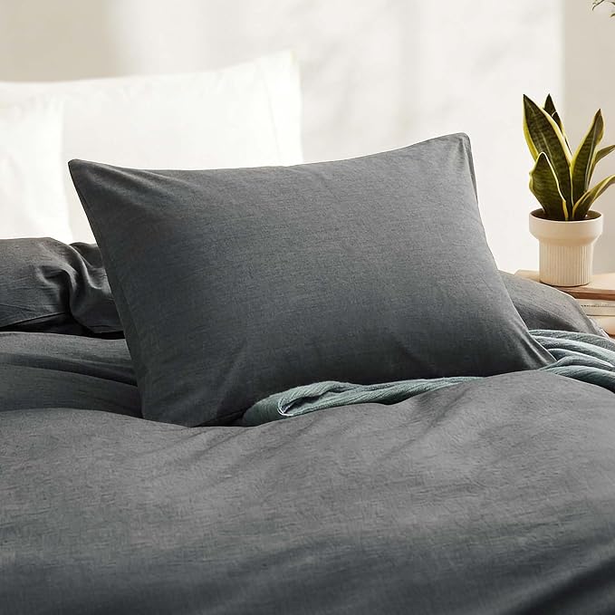 LOVQUE 100% Washed Cotton Duvet Cover Twin Size, Grey Fade-Resistant Natural Bedding Set (No Comforter), 68x90 Inches
