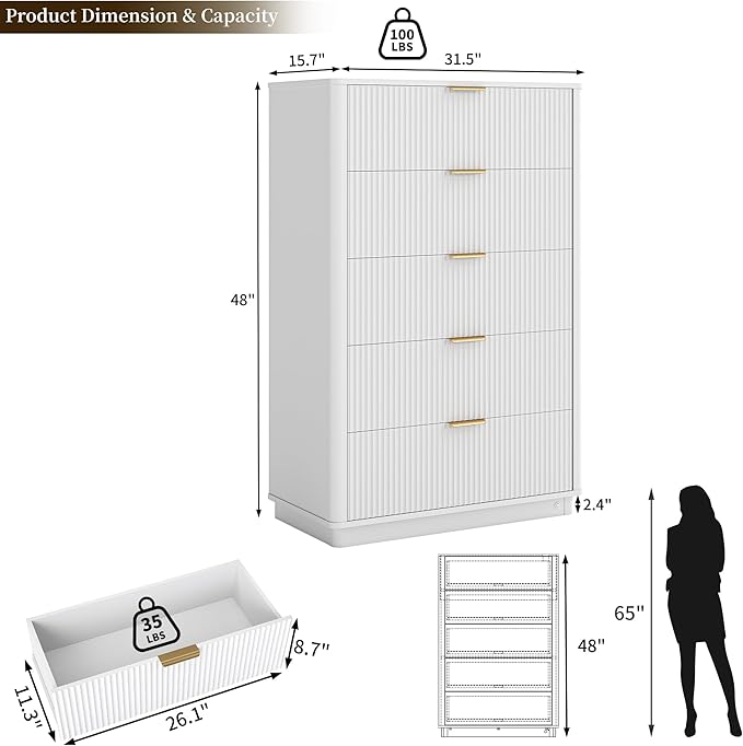 Fluted Dresser for Bedroom with 5 Drawers, 31.5" Wide Modern Chest of Drawers with Lighting, Wooden Dresser TV Stand with Curved Edges, Closet Organizer for Living Room, Hallway,White