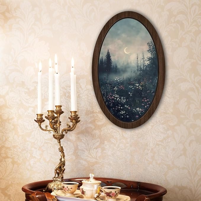 UYIKG Vintage Wall Art Decor,Rustic Farmhouse Gothic Forest Wooden Framed Decor,Moonlit Moody Oval Wall Decorations for Theme Room Home Bedroom Living Room Office 9x14.6 in