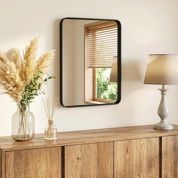 NEWBULIG 24X30 Inch Bathroom Mirror for Over Sink, Wall Vanity Mirrors Tempered Glass, Anti-Rust Metal Framed Rounded Rectangle, Hangs Horizontally or Vertically, Farmhouse Home Decor, Black