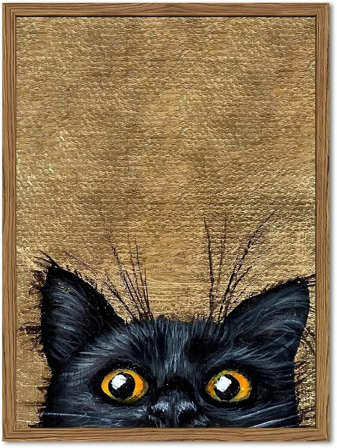 Cute Black Cat Wall Art Funny Cat Wall Decor Painting, Eclectic Animal Poster Canvas Print Picture for Living Room Bedroom 12x16 inch Wood Framed